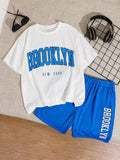 Tween Boy Extended Size Casual Letter Printed Round Neck Short Sleeve T-Shirt And Knitted Shorts Set