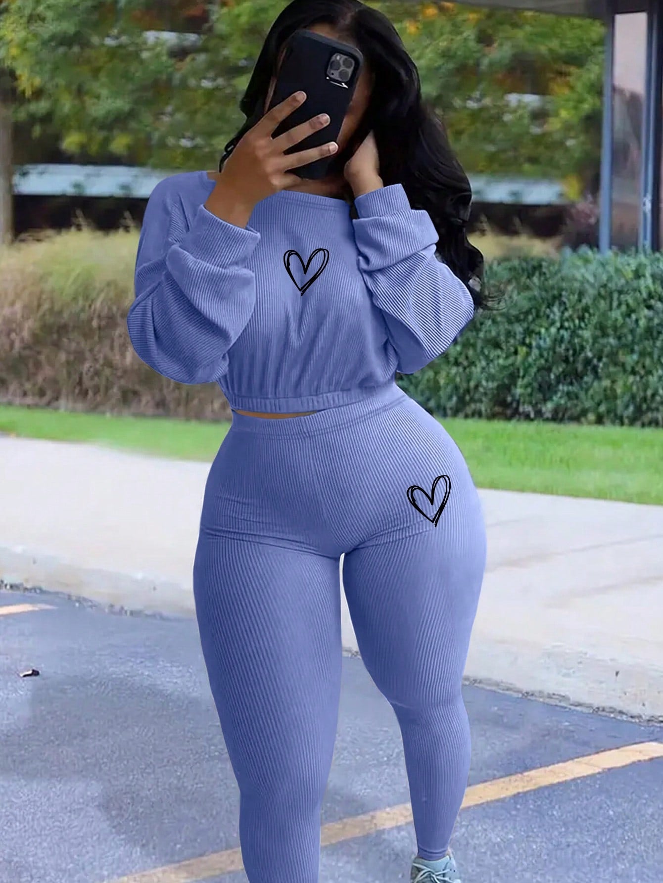Women Casual Heart Print Cropped Top And Leggings 2pcs/Set, Spring And Autumn