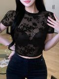 Ladies Floral Mesh See-Through Short Sleeve Cropped Slim Fit Top