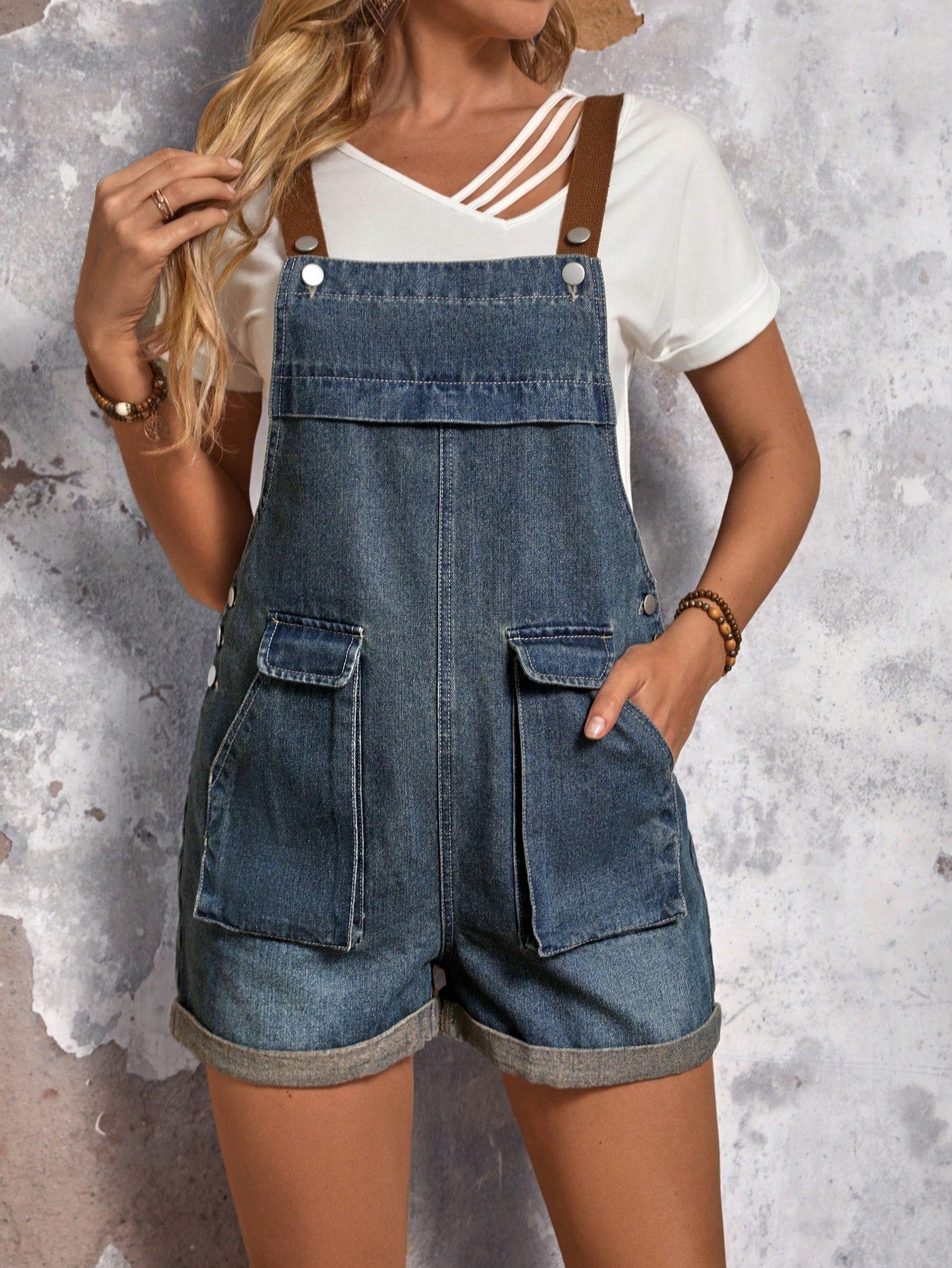 Ladies' Summer Washed Simple Style Denim Jumpsuit