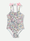 Young Girl Allover Floral Print Bow Shoulder One Piece Swimsuit