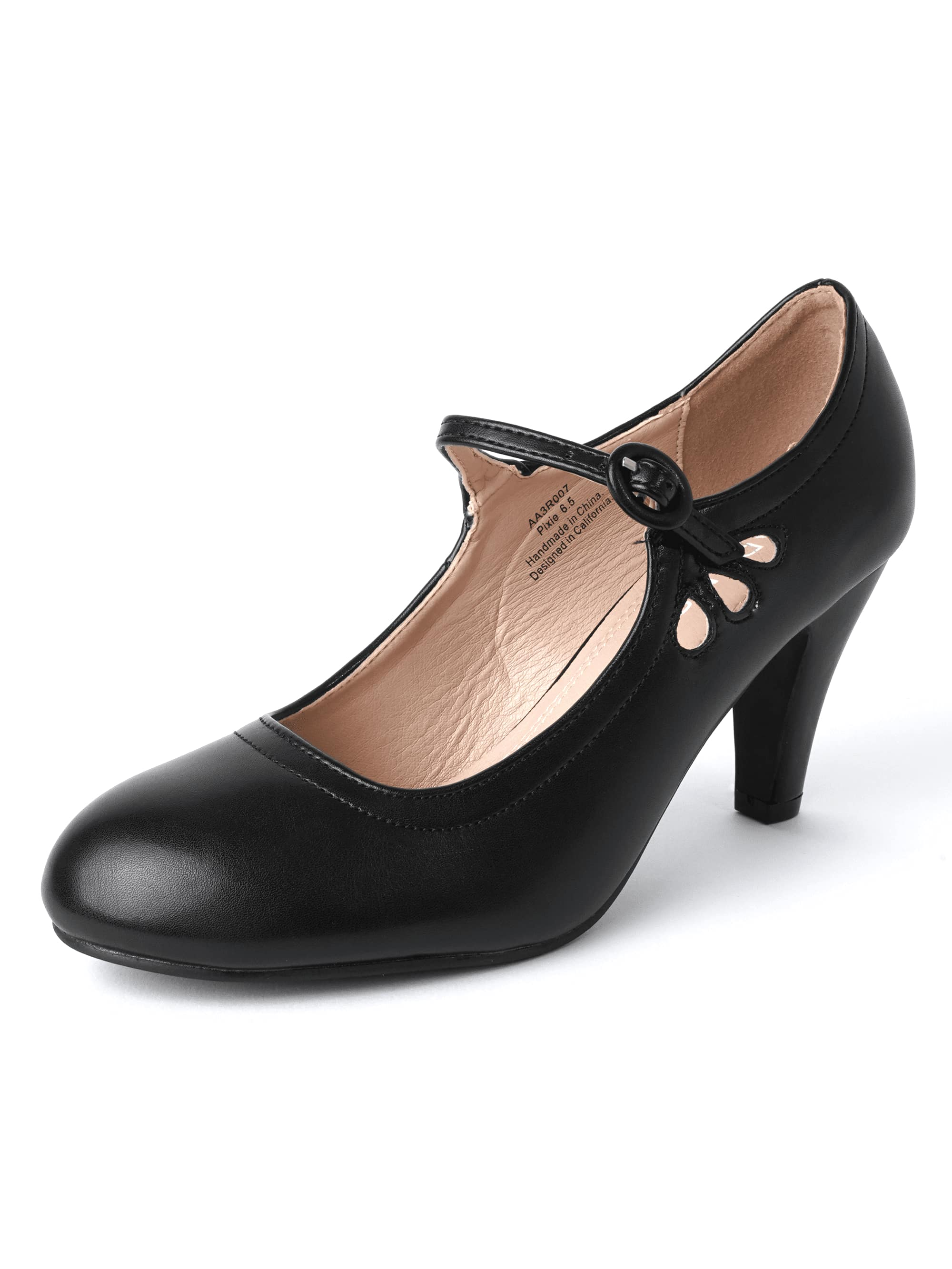 J. Adams Pixie- Mary Jane Pumps - Round Toe Retro Stiletto Low Kitten Heels For Women With Ankle Strap And Comfortable Memory Foam Insole Vintage Fashionable Everyday Thick High Heel Shoes In Faux PU Leather Perfect Latest 1950s Party Holiday, Wedding, Sp
