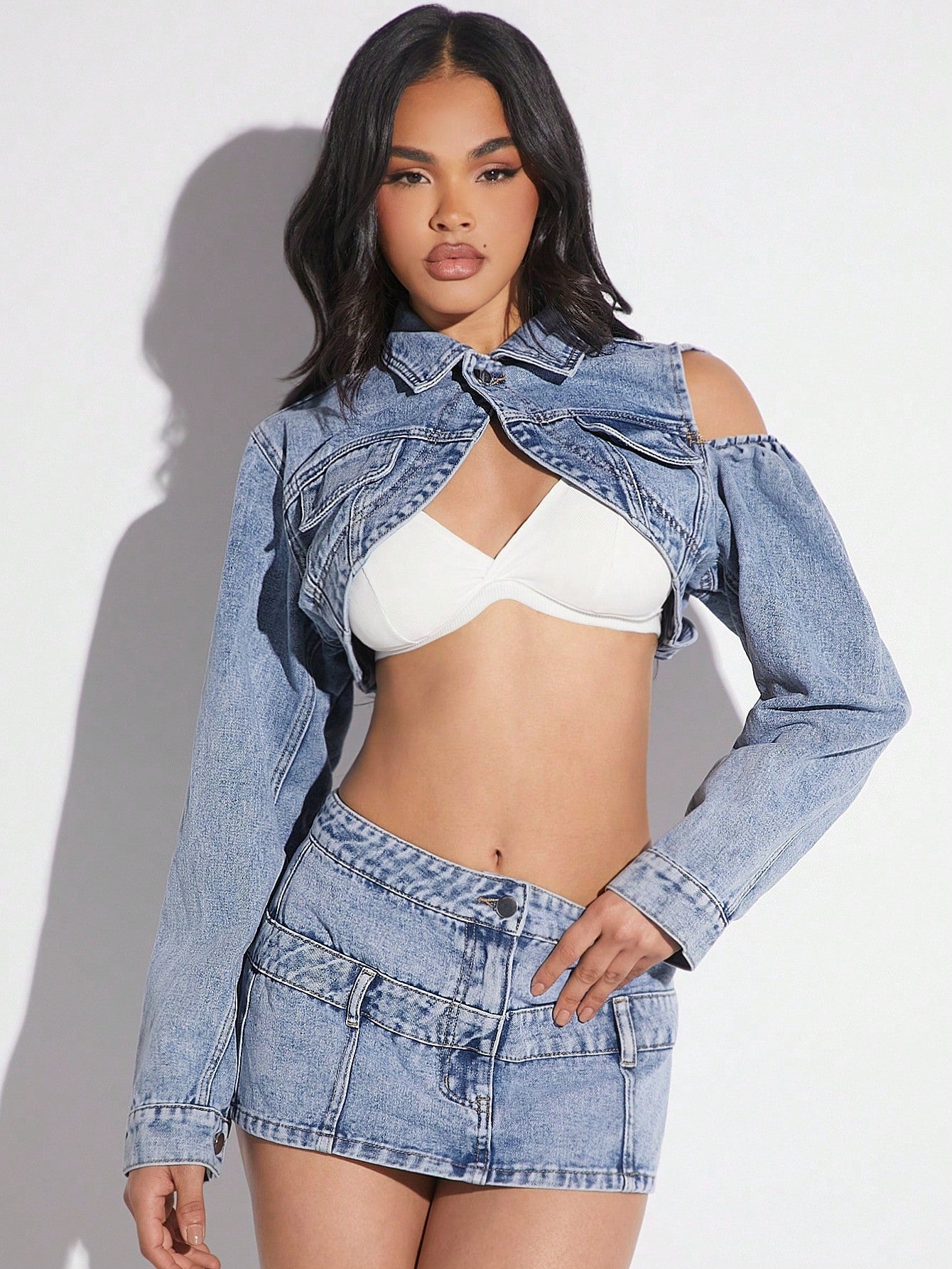 Haute Denim Crop Jacket & Mini Skirt Two Piece Set