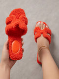 Women Fashion Solid Color Furry Flat Sandals