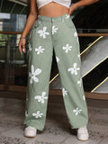 Floral Printed Plus Size Women Wide Leg Casual Jeans With Side Pockets