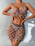 Women Summer Sexy Music Festival Acrylic Chain Hollow Out Halter Top And Skirt Set