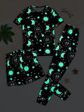 Tween Boys' Night Glow Cute Patterned Full-Print Tight Fit Round Neck T-Shirt And Pants Homewear Set