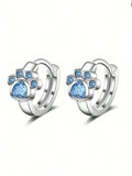 1pc Pet Lover Small Hoop Earring, Made Of 925 Sterling Silver And Blue Semi-Transparent Artificial Diamond - Perfect Gift For Cat And Dog Owners