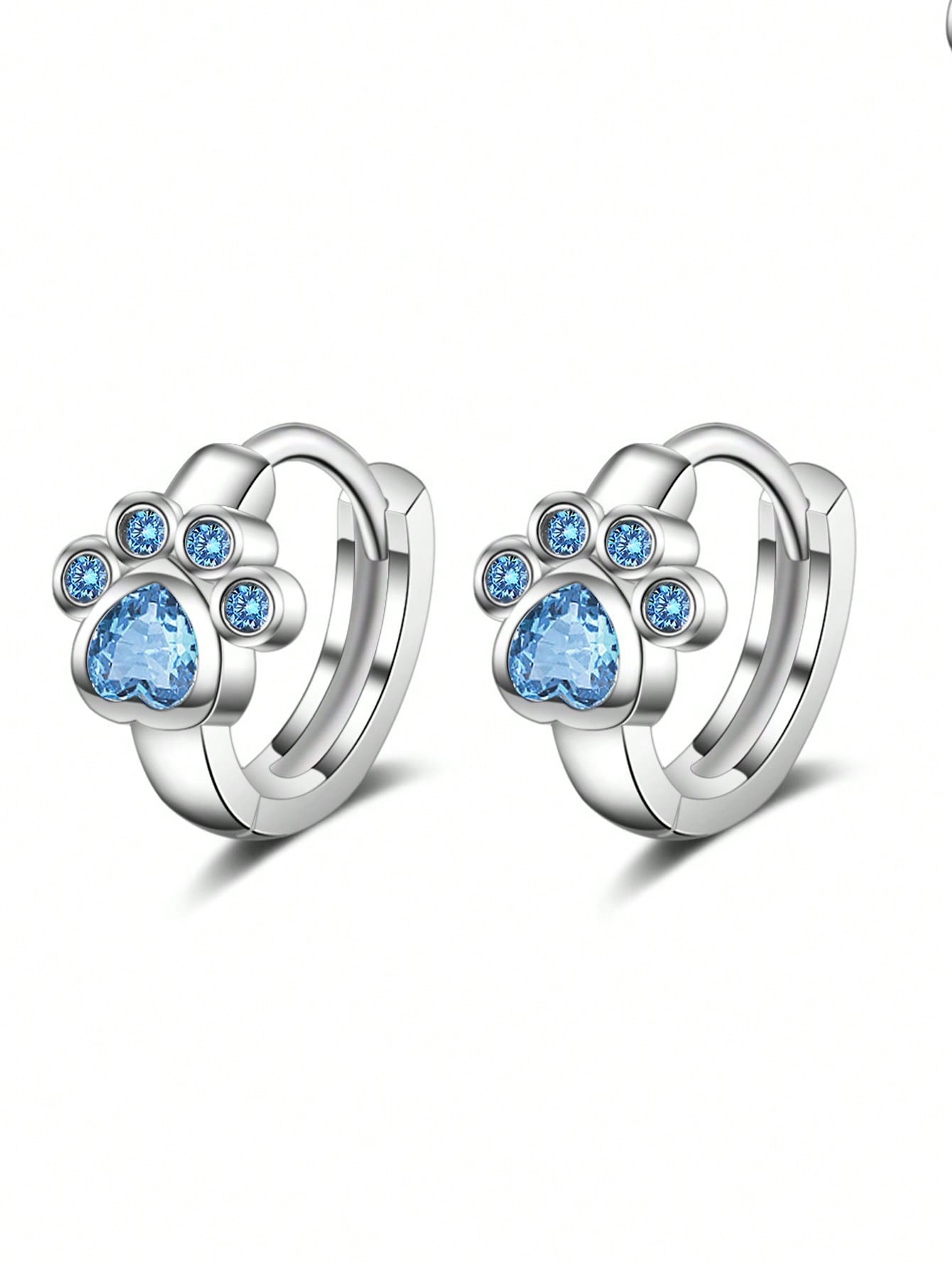 1pc Pet Lover Small Hoop Earring, Made Of 925 Sterling Silver And Blue Semi-Transparent Artificial Diamond - Perfect Gift For Cat And Dog Owners