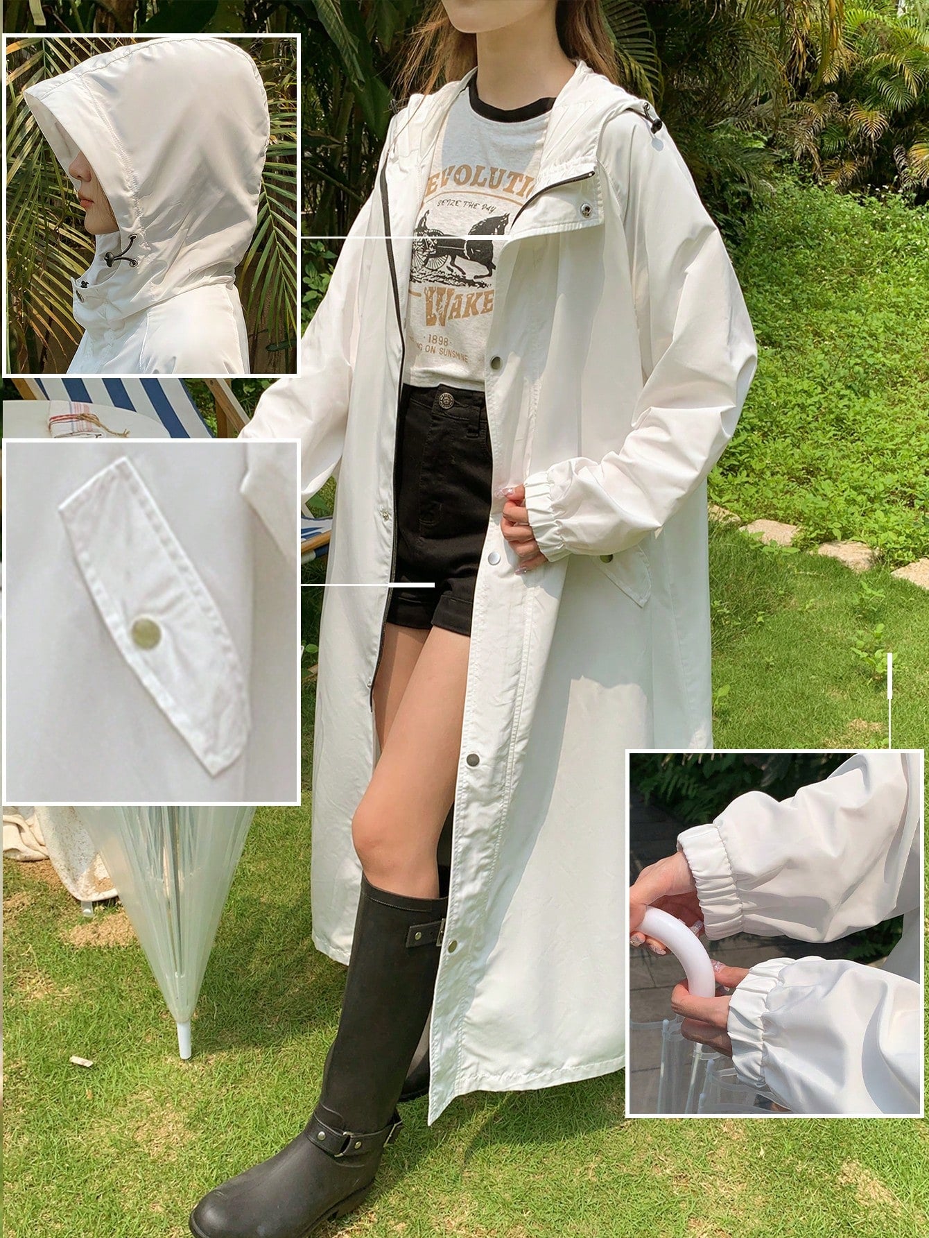 Hooded Loose Fit Water-Resistant Jacket With Drawstring And Large Hem