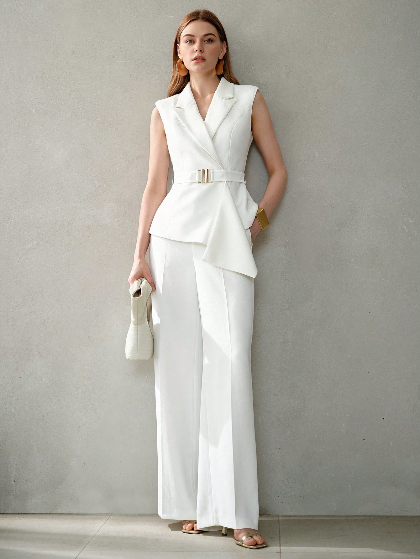 SOLID SLANT POCKET SEAM FRONT WIDE LEG SUIT PANTS