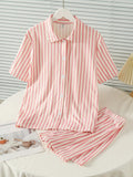 Teen Girl Pink & White Stripe Printed Short Sleeve Shirt And Shorts Casual 2pcs Sleepwear Set