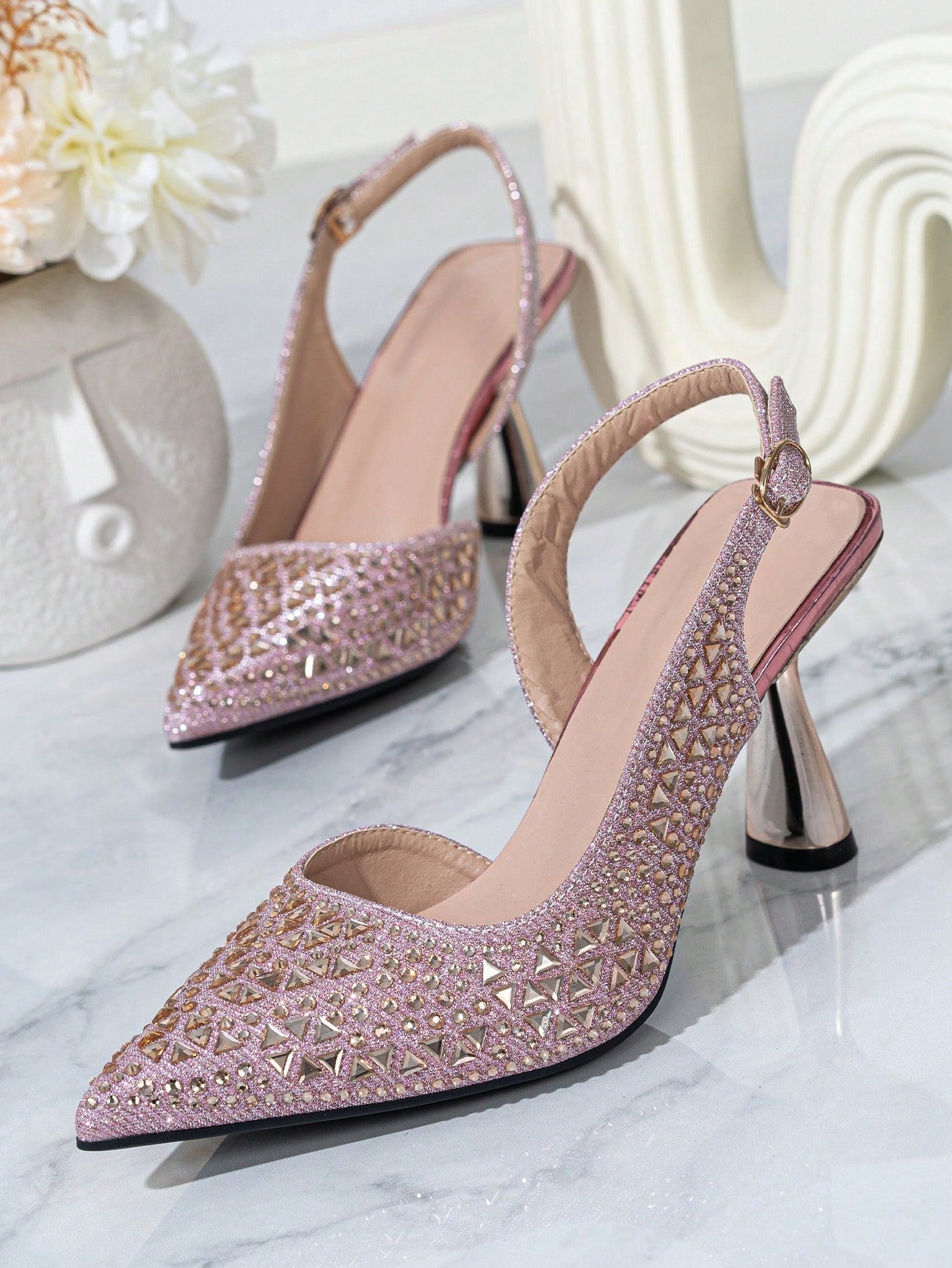 Pointed Toe High Heels Square Heel Diamond Studded Sandals With Ankle Strap & Back Zipper For Women, Pink