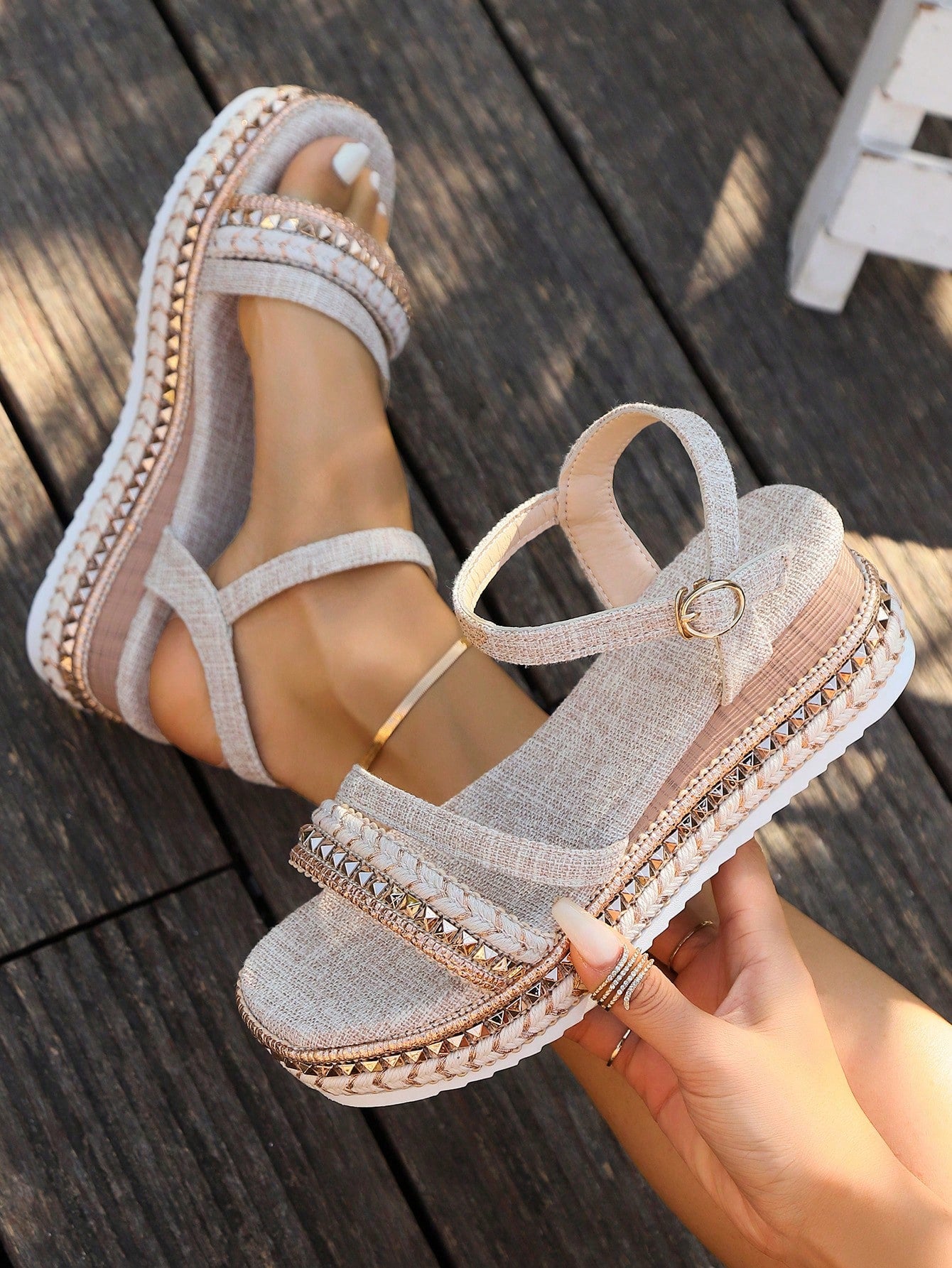 New Style Studded Weaved Casual Beach Vacation Sandals, Ladies Platform Wedge Sandals With Ankle Straps And Jute Soles