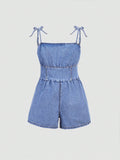 Tween Girls Summer Boho Trendy Cute Knot Shoulder Ruched Bust Cami Baggy Denim Jumpsuit Romper,Girls Summer Vacation Clothes Outfits