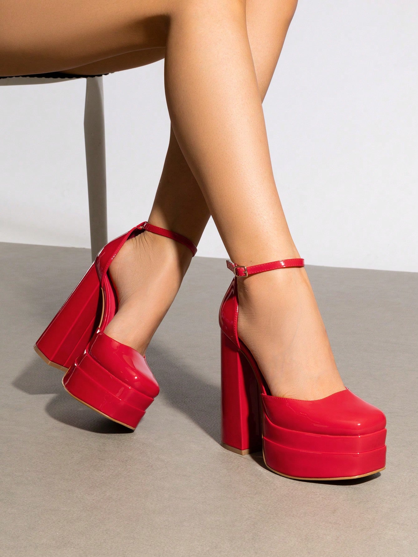 Women High Chunky Platform Closed Toe Block Heels Square Toe Ankle Strap Dress Wedding Party Prom Pumps Shoes