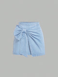 High-Waisted Blue Denim Mini Skirt With Bowknot Decoration For Women