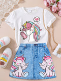 Young Girl Unicorn Pattern Printed Short Sleeve Top And Denim Print Skirt