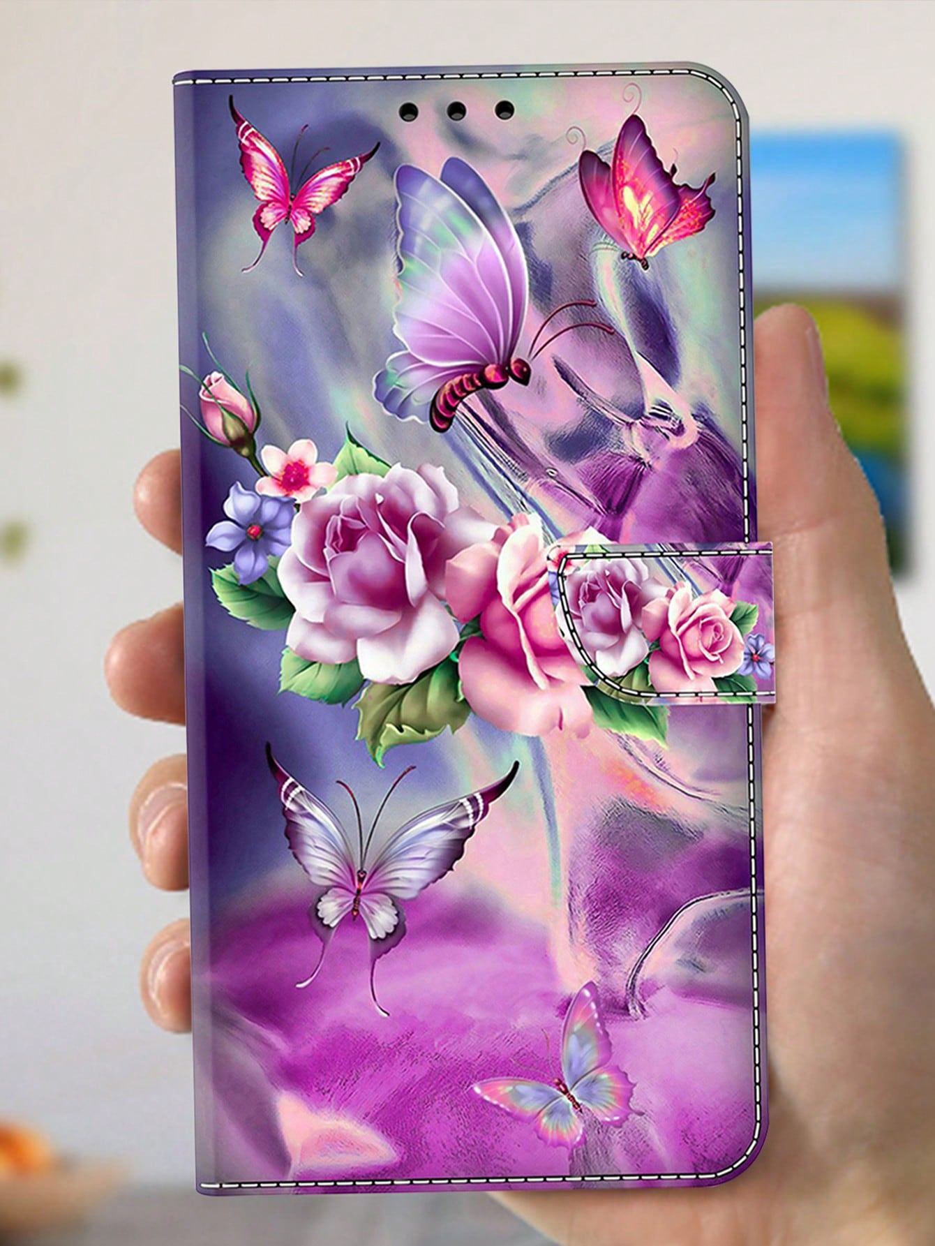 Compatible With Samsung IPhone Xiaomi Redmi Huawei Honor Oppo  Series Phone Case, PU Leather With Stand Card Slot Flip Phone Case - Butterfly Flower