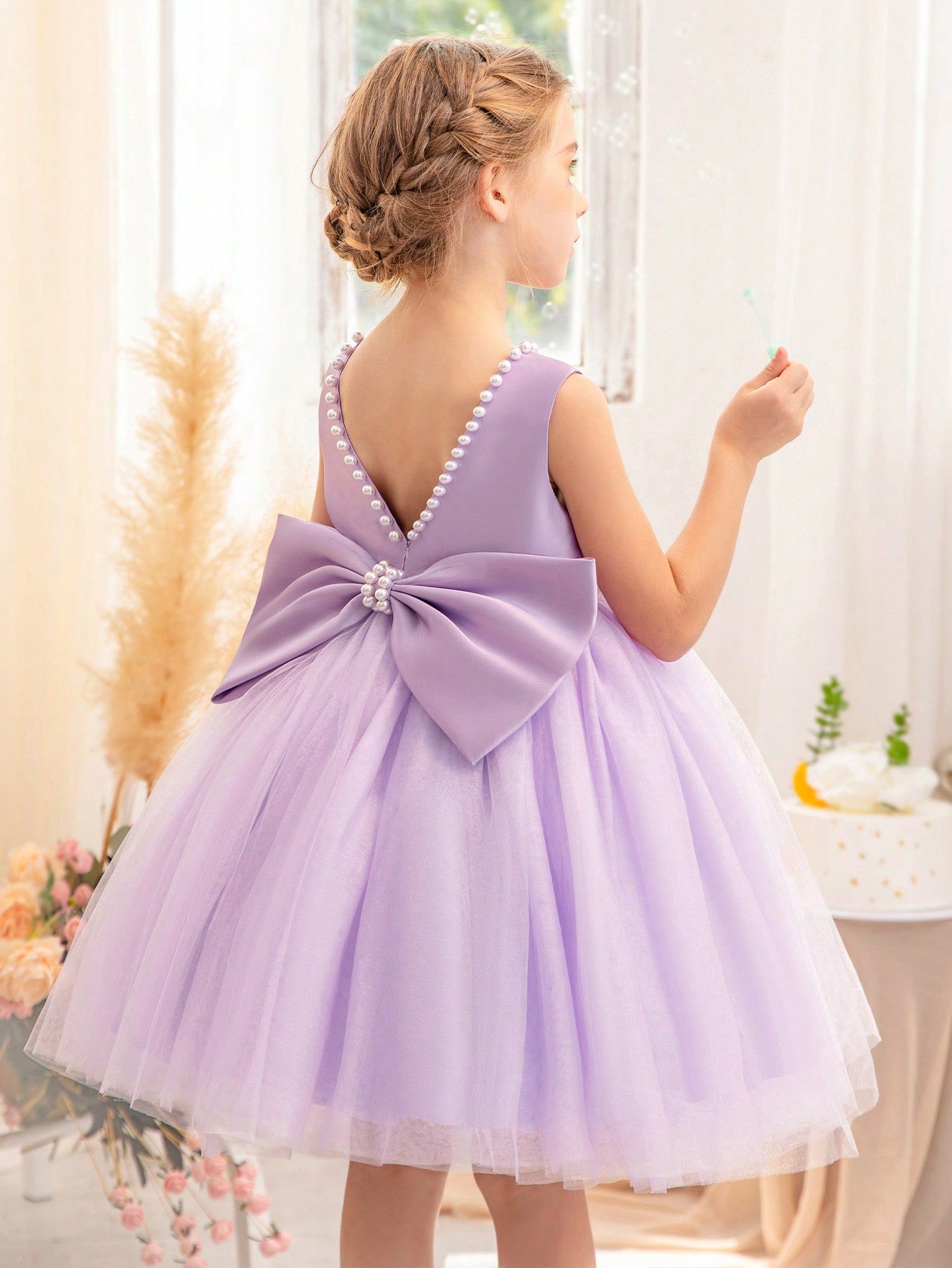 Young Girls' Pearl Butterfly Bowknot Formal Dress, Suitable For Birthday Party, Dance Party, Banquet, Festival And Wedding, Elegant Daily Wear, Stage Show, Fashion Show, Performance