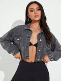 Solid Color Front Button Turn-Down Collar Long Sleeve Denim Jacket