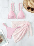 Swim Summer Beach Women's Solid Color Frilled Sexy Bikini Set For Vacation, Matching With Lace Skirt