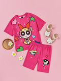 Tween Girl Casual And Cute Bright Cartoon Printed Short Sleeve T-Shirt And Shorts Set, Summer