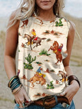 Plus Size Women Western Style Cactus Printed Casual Tank Top With Round Neck, Summer