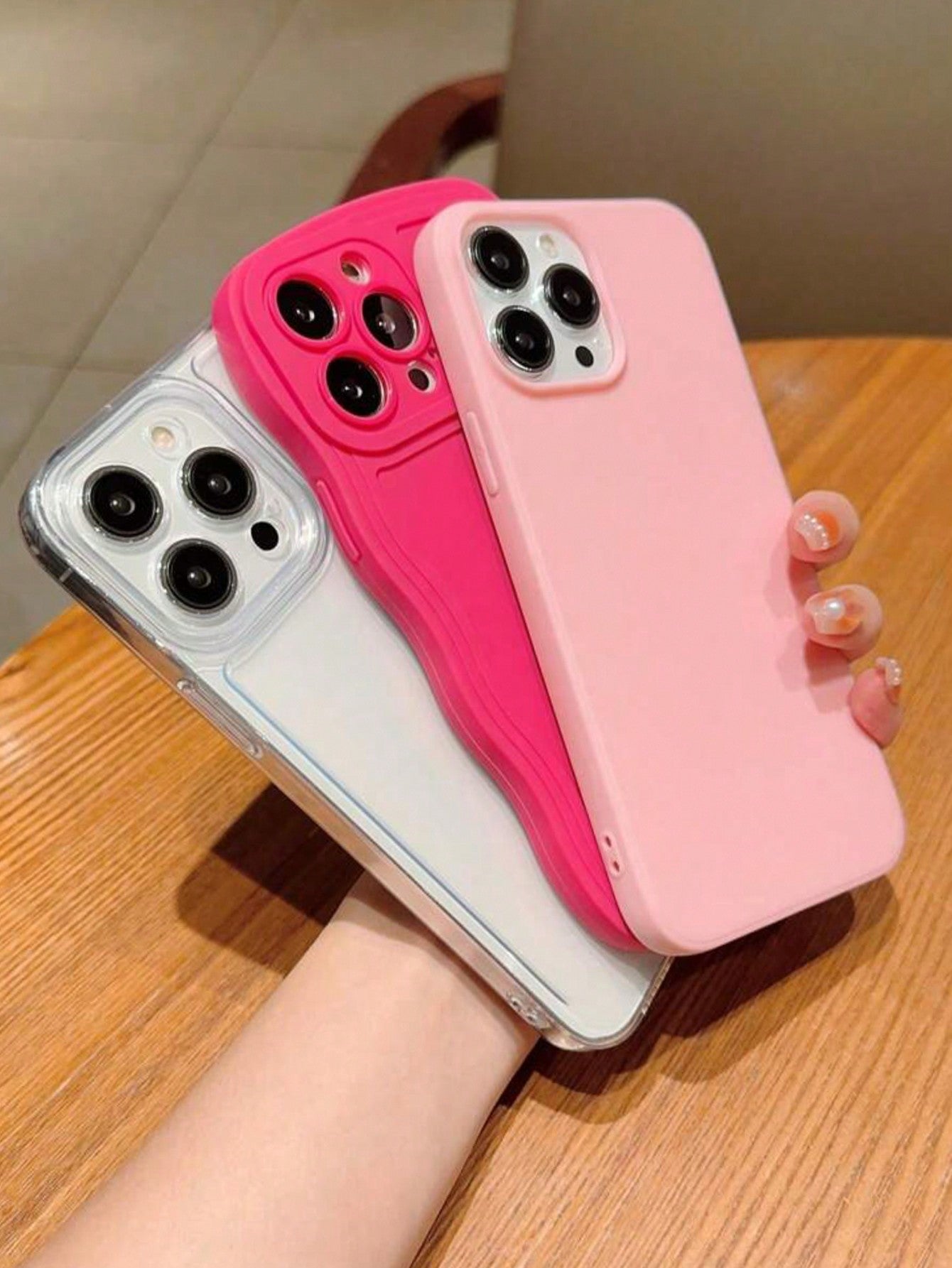 Neon 3pcs/Set Solid Color Black Pupil & Pink Wave Design Airbag Transparent Tpu Protective Case Compatible With IPhone 15, Unisex