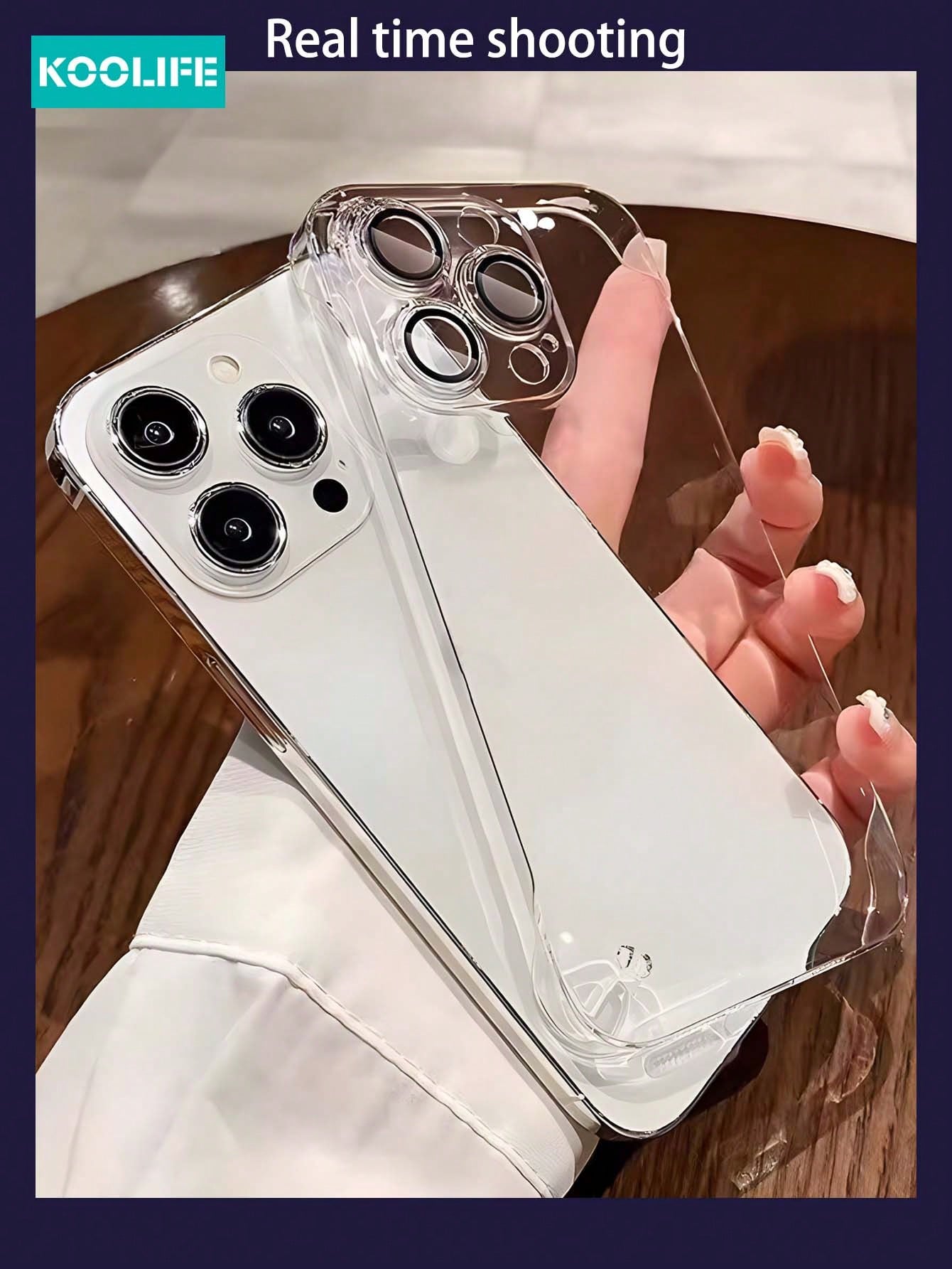 Koolife 1pc Frameless Bare Feeling Plated PC Border Phone Case With Lens Film For IPhone13/13PRP/13ProMax/14/14Pro/14Plus/14ProMax/15/15Pro/15ProMax/15Plus, Compatible