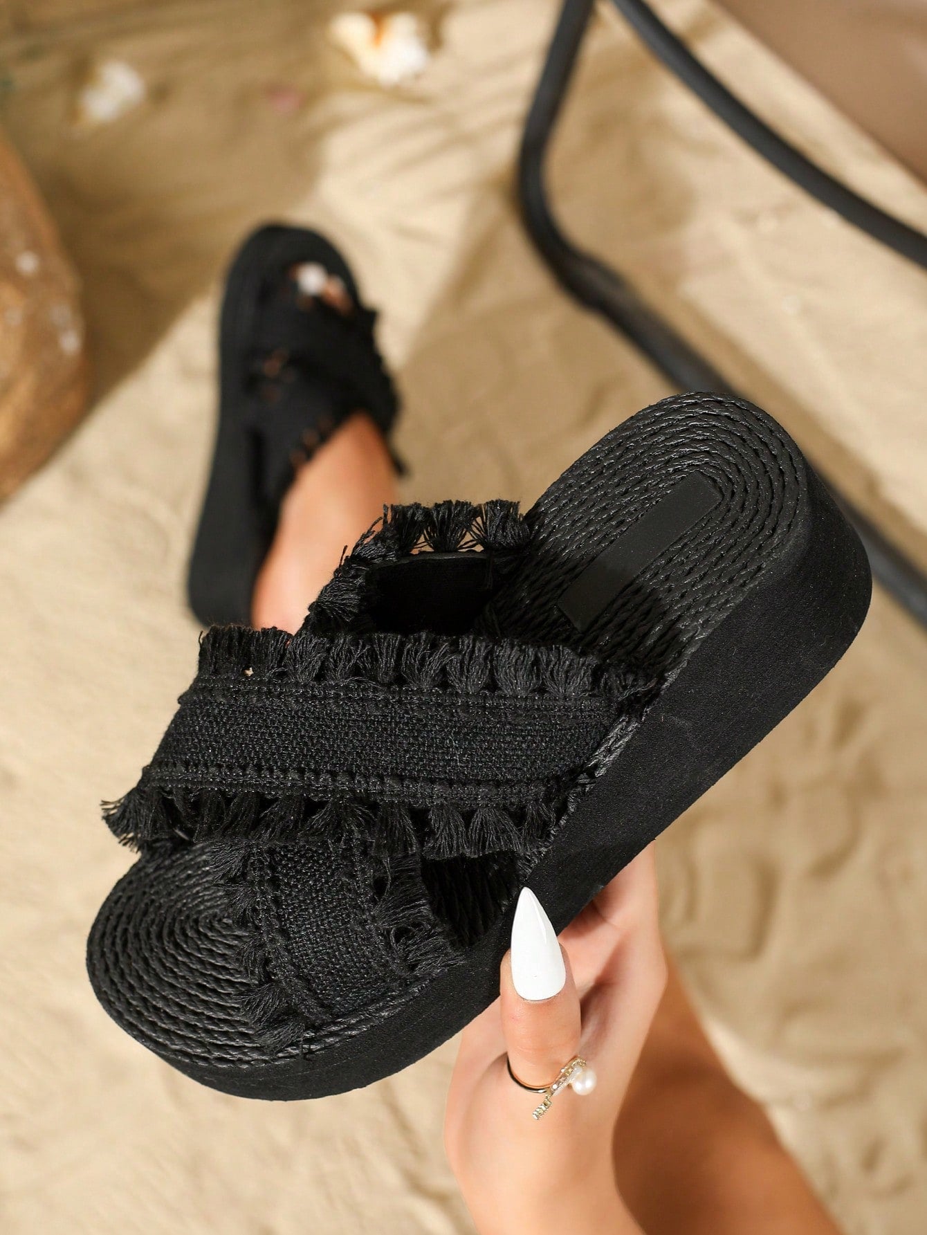 Women's Original Design High-End Miu Style Tassel Sandals, Elegant And Charming For Beach And Vacation, Toe Exposed And Breathable, Suitable For Parties And Dinners, Sandy Color With Cross-Band Faux Woven Tassel And Braided Rope Texture, Platform Wedge He