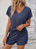 V-Neck Batwing Sleeve Top And Shorts Summer Casual Two Piece Set