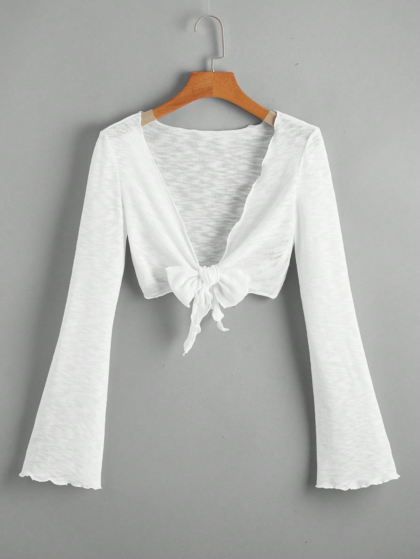 Bell Sleeve Lettuce Trim Tie Front Kimono