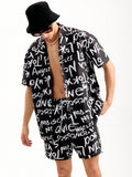 Men's Fashion Loose Black And White Printed Short Sleeve Shirt And Shorts Beach Set