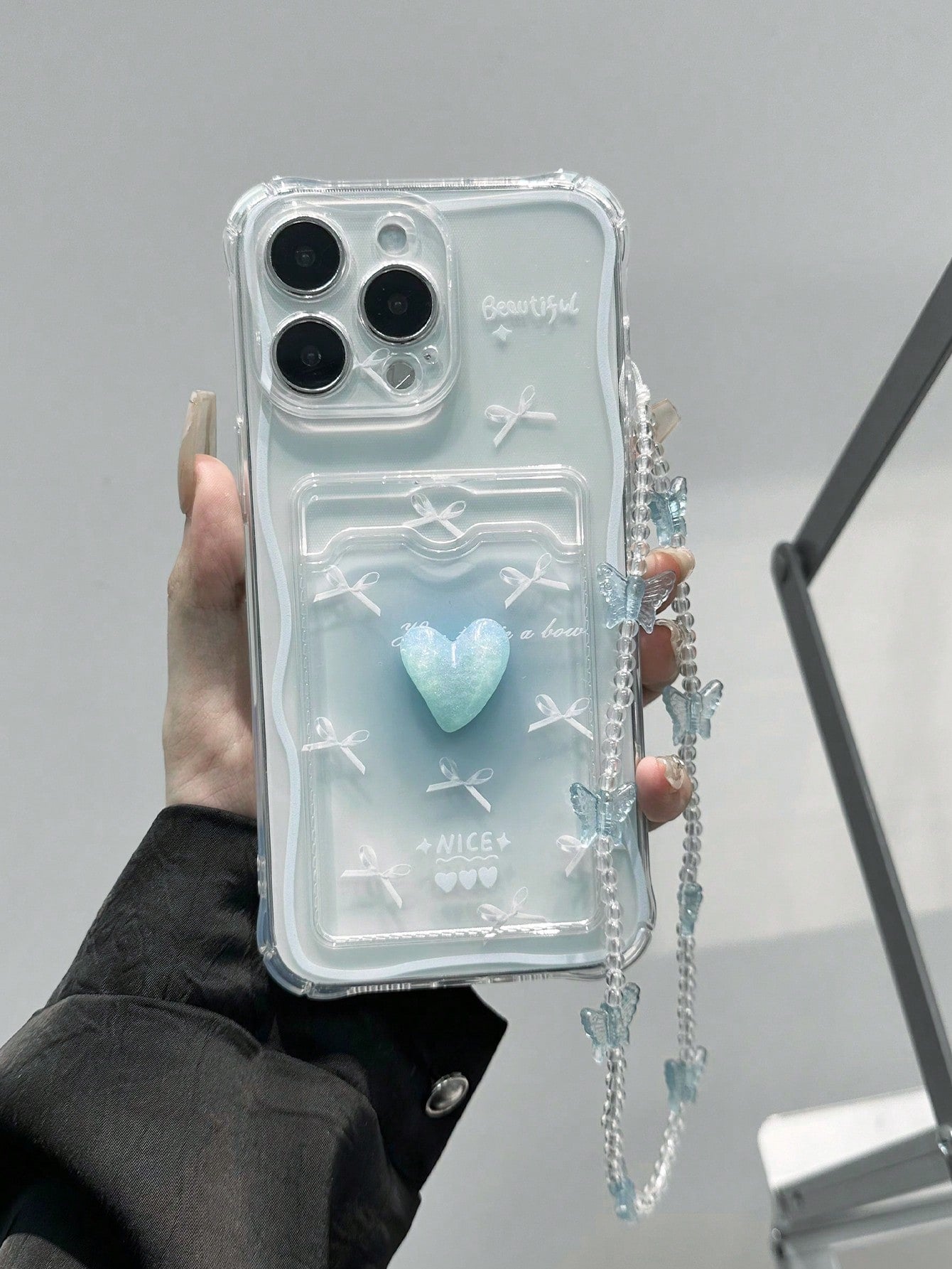 With Phone Charm Butterfly Painted Card Holder With Butterfly Chain, Multi-Functional Shockproof Transparent Hand Strap Card Holder Cover Compatible With IPhone XR/7/8/15Pro Max/13/14/11/12/XS. Shockproof Soft Shell Compatible With Samsung A134G A22 A21S