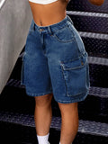 Ladies" Plain Color Denim Shorts With Pockets And Buttons