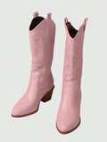 Fairycore 2024 New Spring & Autumn Large Size Pink Western Cowboy Boots, Mid-Calf, Pointed Toe, Embroidery Floral Design, Chunky Heel Slip-On Style