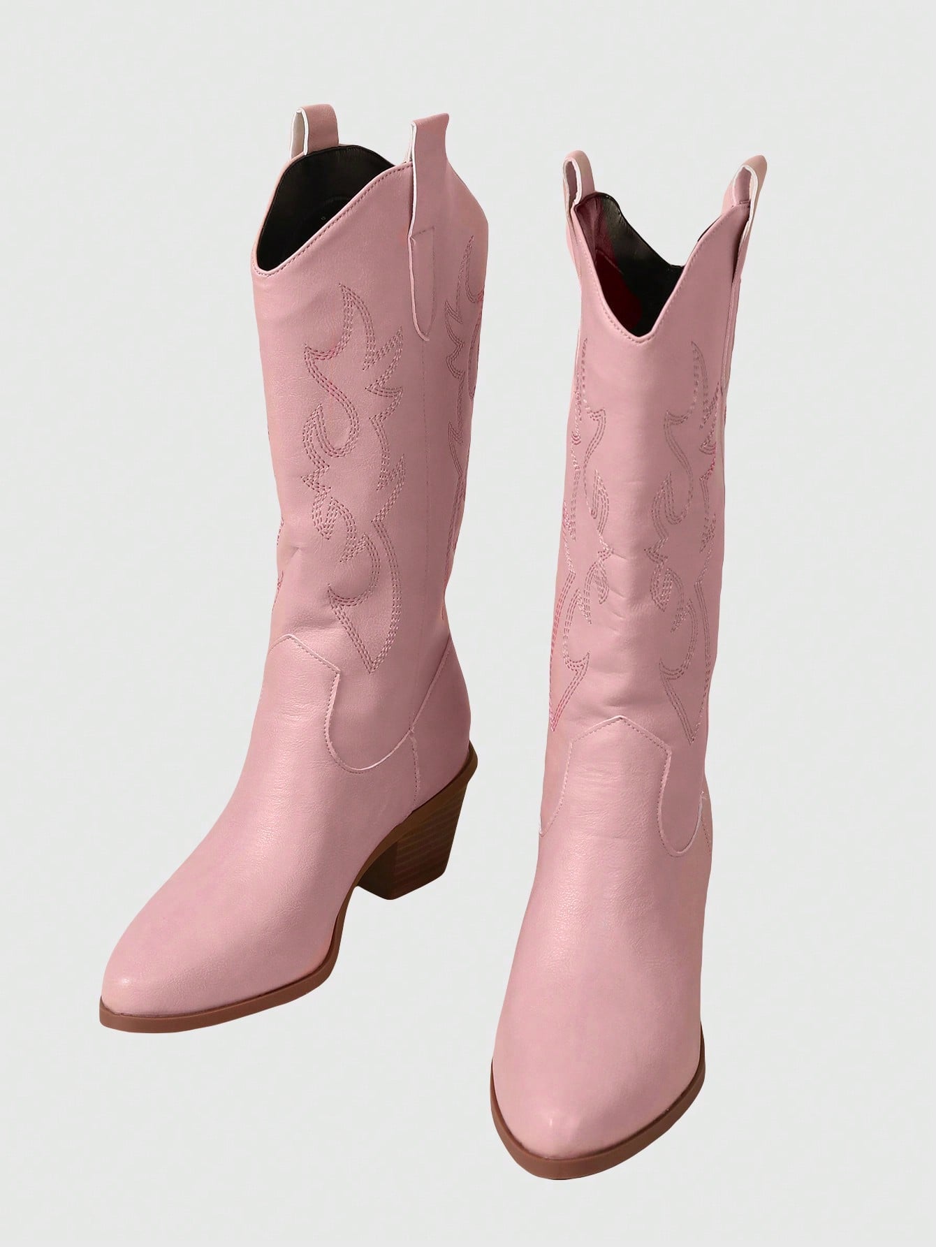 Fairycore 2024 New Spring & Autumn Large Size Pink Western Cowboy Boots, Mid-Calf, Pointed Toe, Embroidery Floral Design, Chunky Heel Slip-On Style