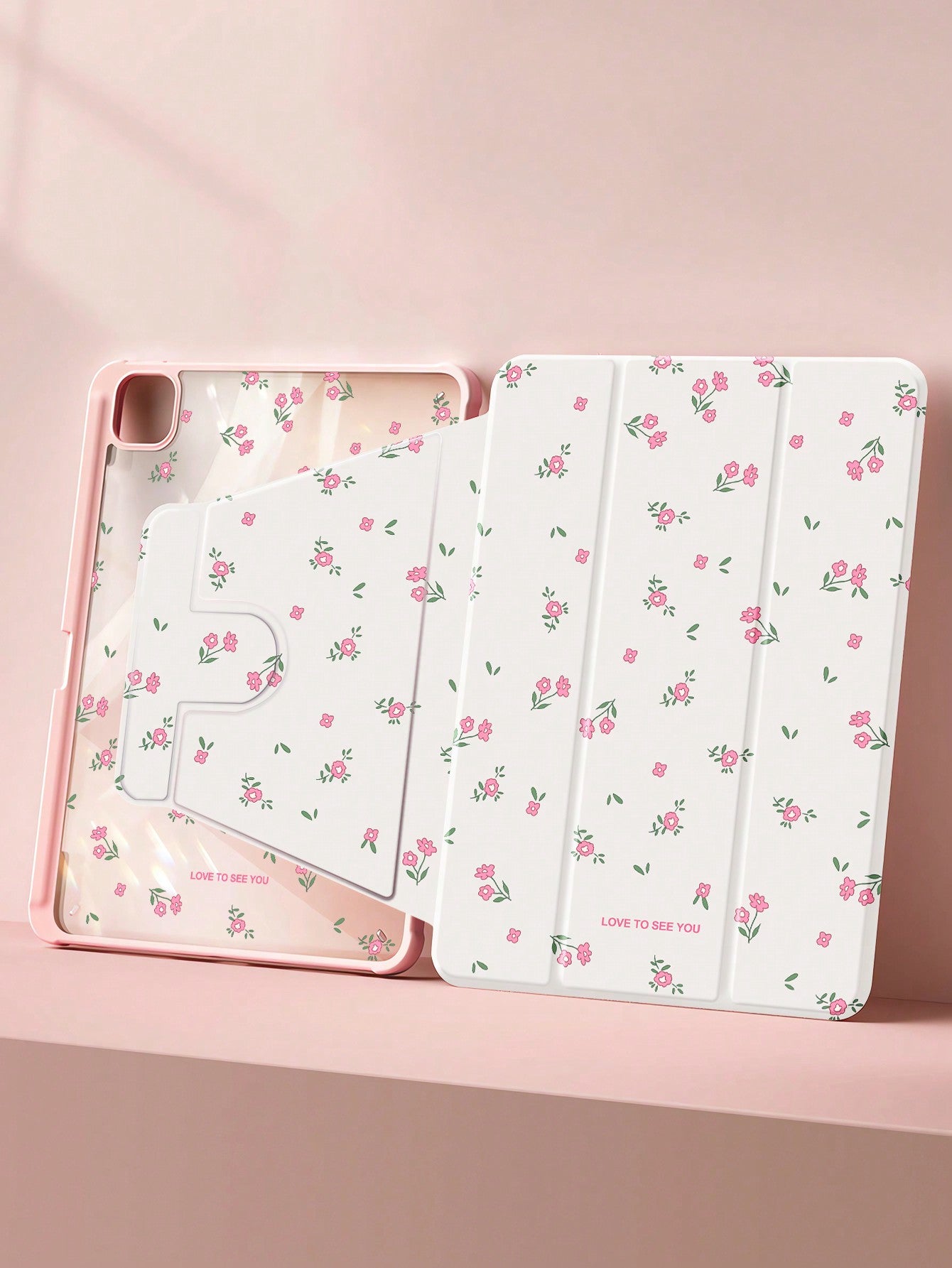 A Beautiful Ditsy Floral Double-Sided UV Printing 720° Rotating Acrylic Transparent Crystal Back Panel Shockproof Tablet Case With Pen Slot, Sleep/Wake Function Compatible With Huawei/IPad/Xiaomi/Samsung