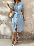 Ladies' Summer Solid Color Cotton And Linen Vacation Shirt Style Casual Dress