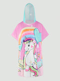Tween Girl Unicorn Rainbow Print Hooded Cover-Up For Beach Vacation