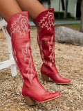 Fashionable Square Toe Chunky Heel Western Style Embroidered Boots, Cowboy Boots For Women
