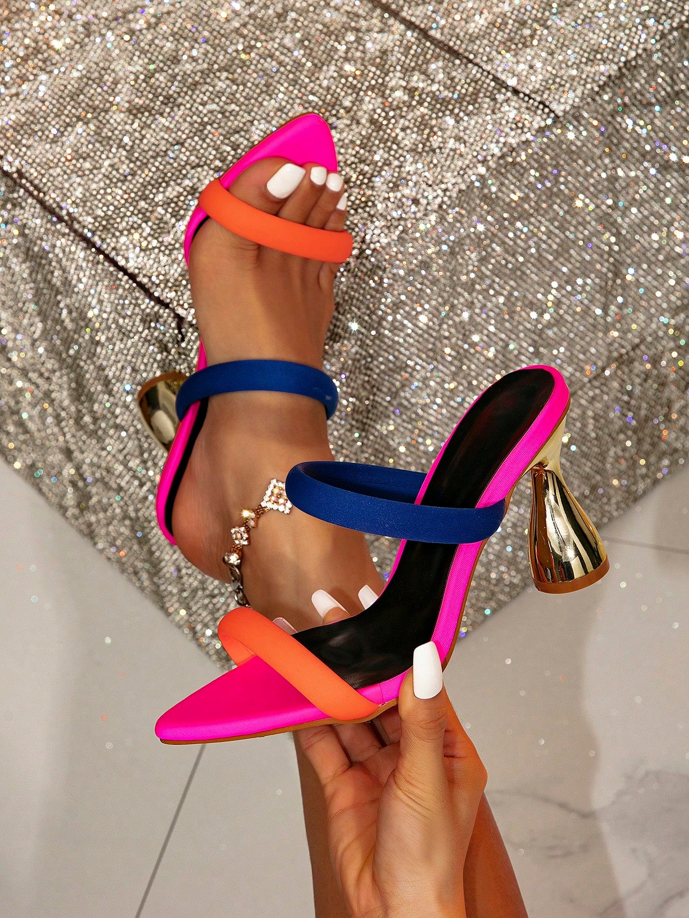 Brand Women's Gold Decorated Pyramid High Heel Mules Sandals, Stunning Party High Heel Sandals