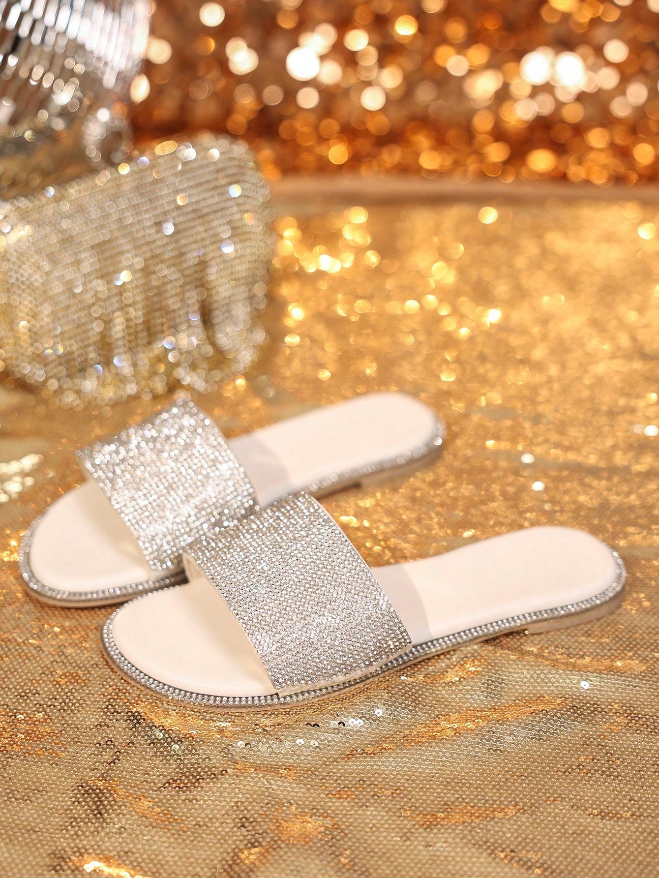 Women Rhinestone Decor Flat Sandals, Glamorous Glass Slide Sandals For Outdoor