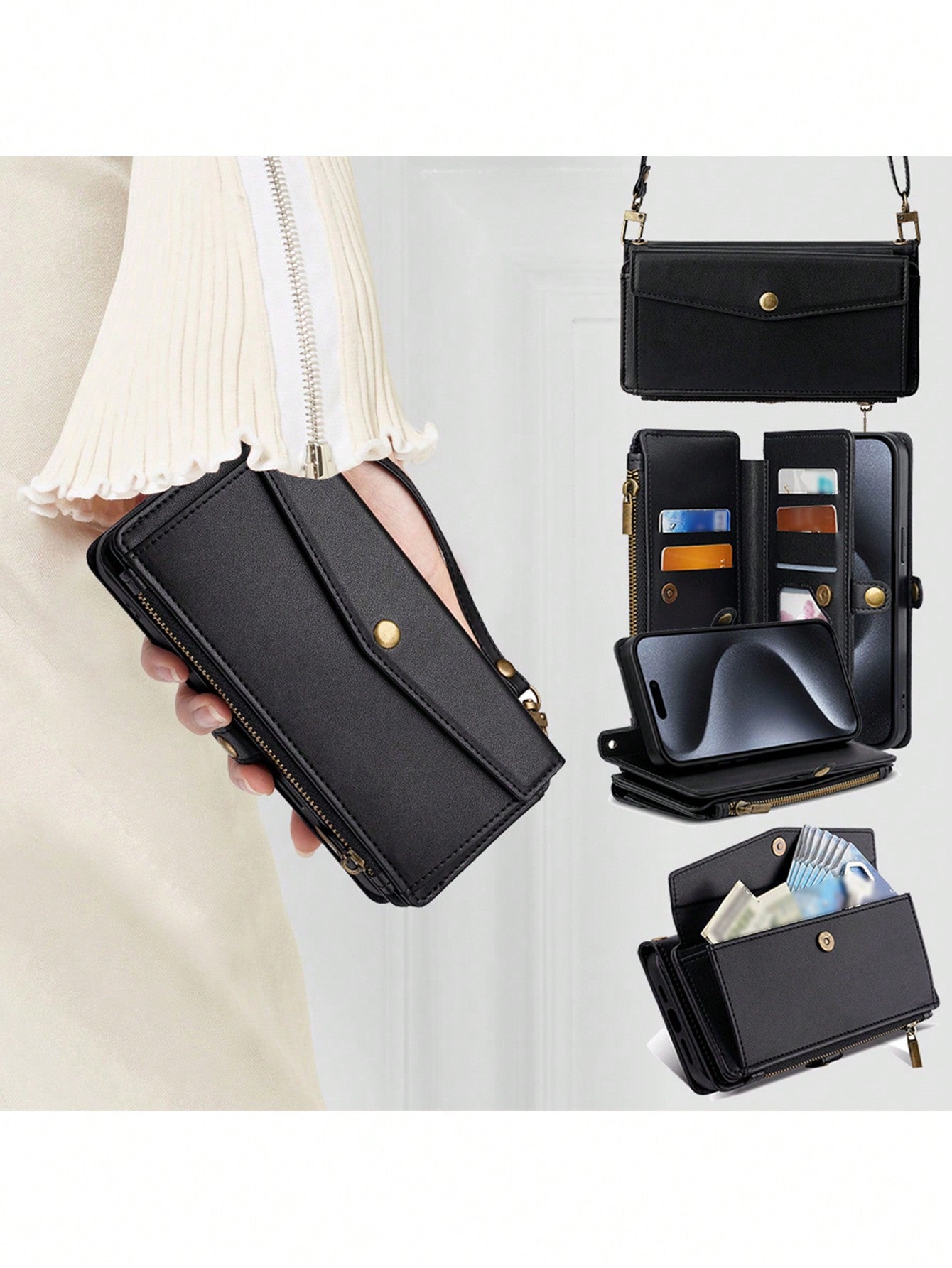 Black Multifunctional Crossbody Bag With Zipper, Buckle, Adjustable Shoulder Strap, Card Holder, Shockproof Wristband, PU Flip Cover Phone Case Compatible With IPhone 13/Galaxy S24+/ Moto E20/Honor X9b/HUAWEI P20 Lite/Redmi Note 9 Pro/OPPO A17