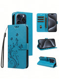 1pc Flip Embossed Phone Case With Card Slot, Strap Compatible With Apple Phone Protection Cover