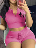 Casual Basic Sports Summer Crop Top And Shorts Set With Cross Pattern And Ribbed Knit For Women, Featuring V-Neck, Zipper Closure And Fitted Crop Sleeves