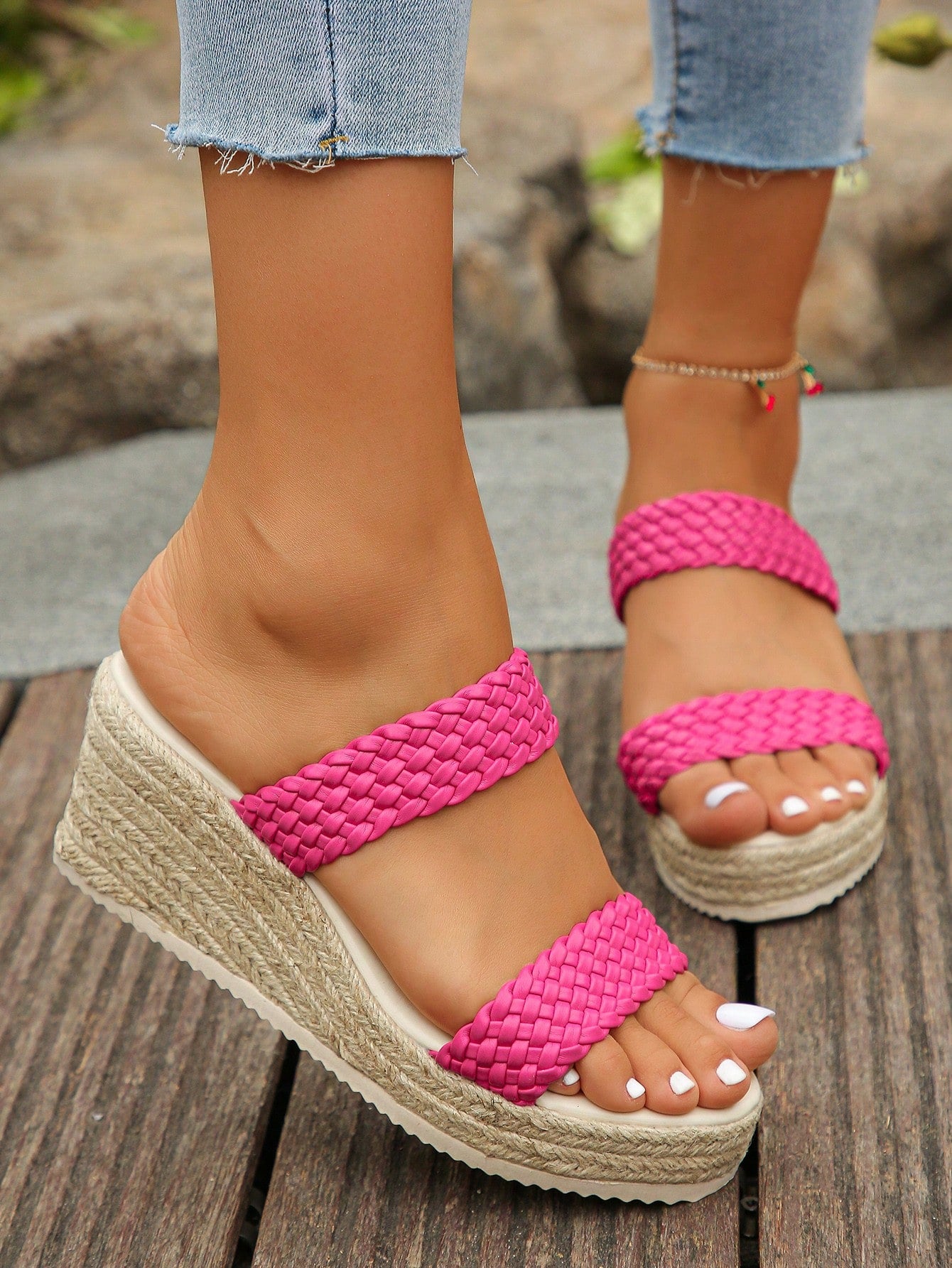 Women Summer Vacation Hot Pink Woven Wedge High Heel Platform Slides