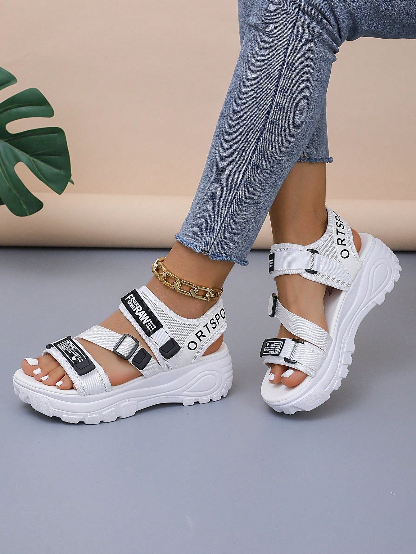Women's Thick-Soled Hook And Loop Fastener Sandals Fashionable White School Shoes With Sports Back Strap, Beach Sandals