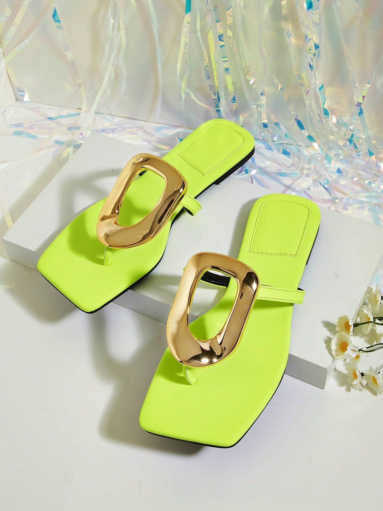 Party/Vacation/Casual Fluorescent Square-Toe Slipper With Metal Buckle